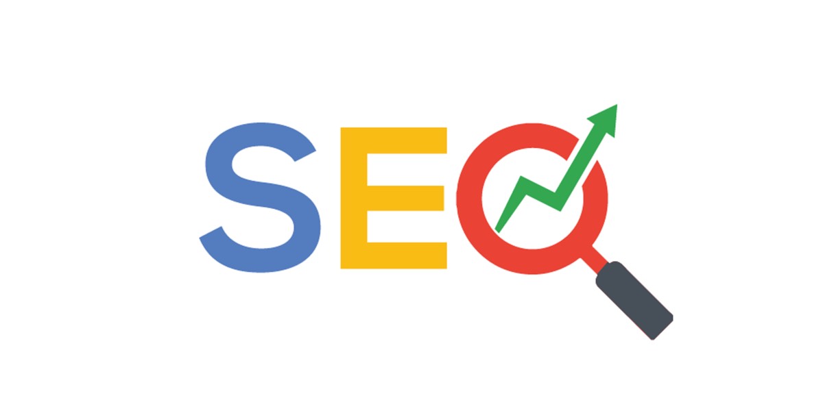 Le sigle SEO aux couleurs de Google, dont le O est une loupe traversée par une courbe de progression